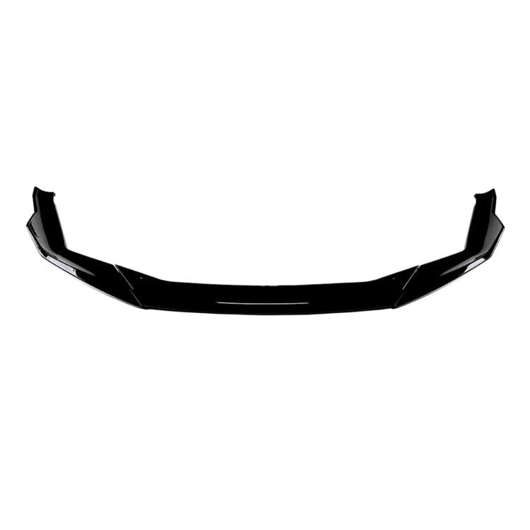 Black front lip spoiler for car bumper, curved profile with glossy finish