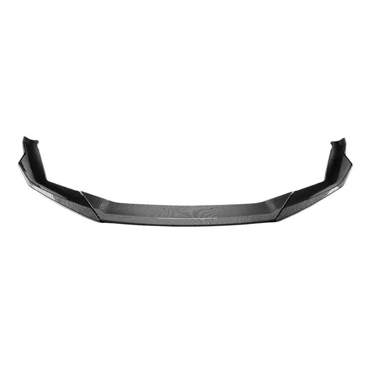 Carbon fiber front lip spoiler with dark woven pattern, curved bumper attachment