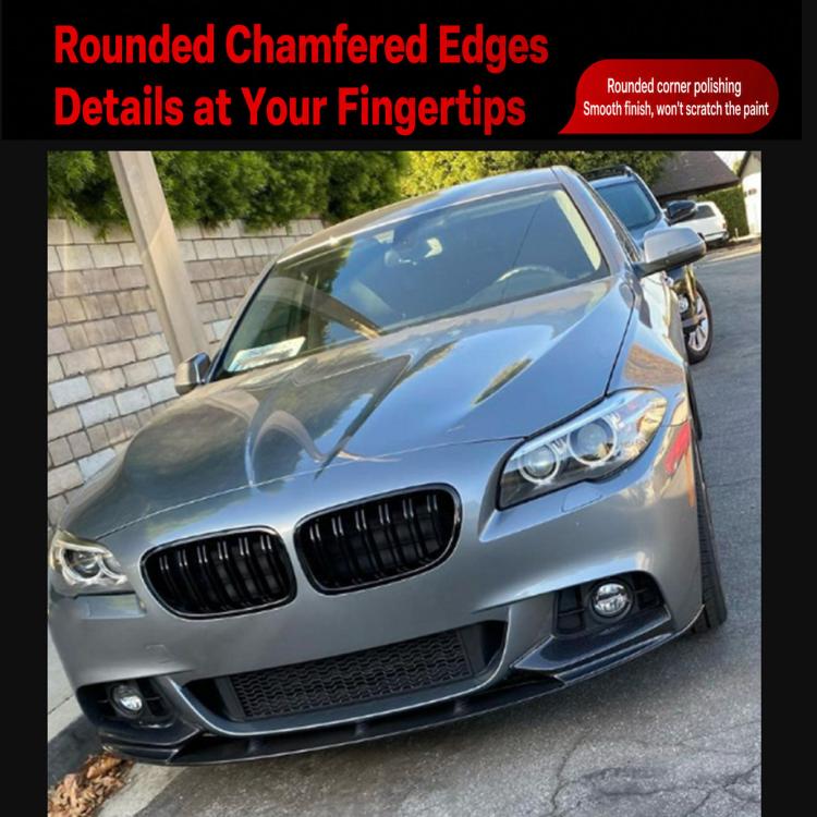 BMW front bumper lip and corner trim installed on blue car, dark finish