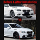 BMW front bumper lip and corner trim before-and-after on white car, dark finish