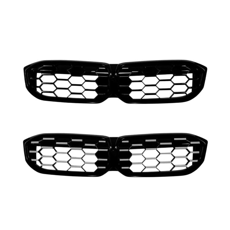 BMW 3 Series front grille mod part set, black frames with hex honeycomb mesh