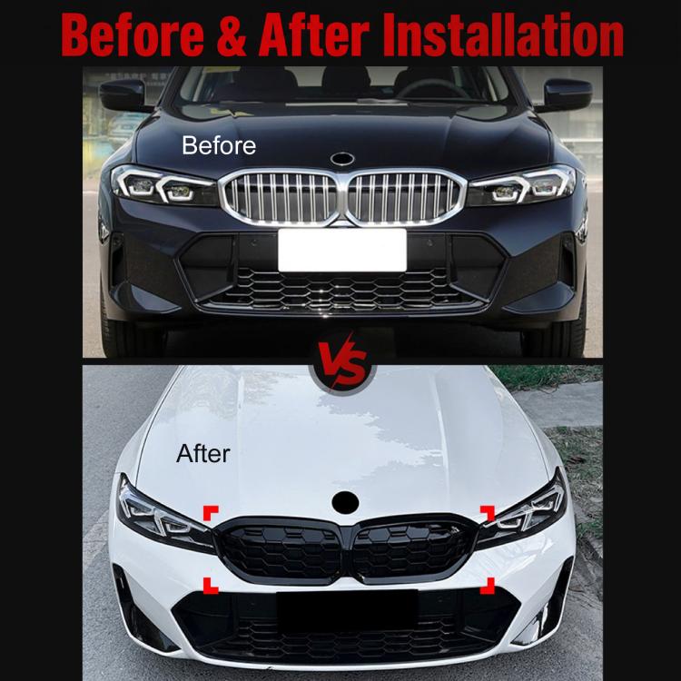 BMW grille before-and-after installation view, black honeycomb mesh