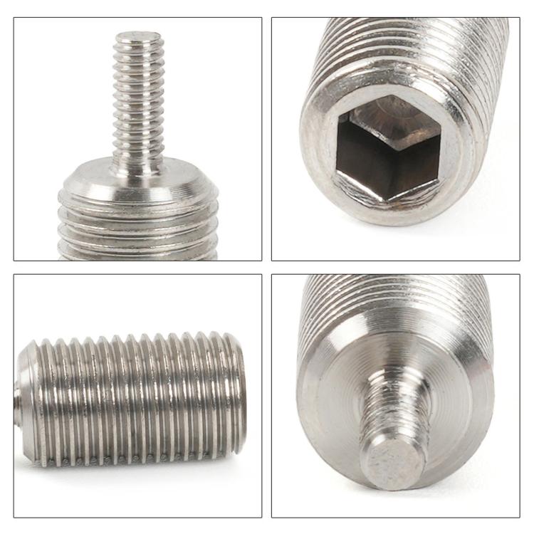 Silver threaded screw shown from multiple angles, including hex socket head