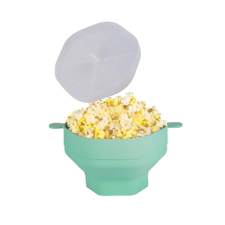 Cyan collapsible microwave popcorn popper bowl with clear lid