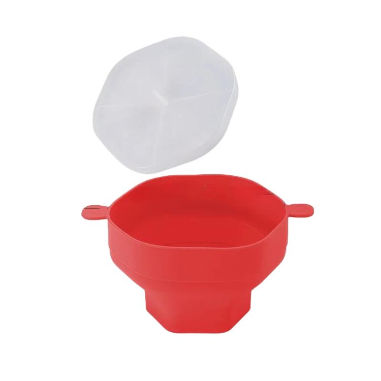 Red collapsible microwave popcorn popper bowl with clear lid