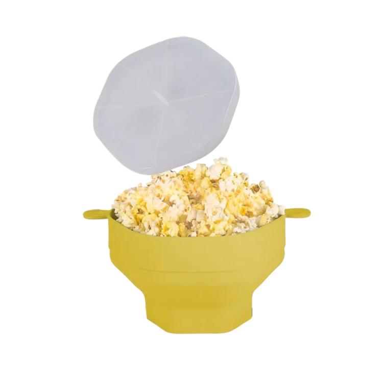 Earthy yellow collapsible microwave popcorn popper bowl with clear lid