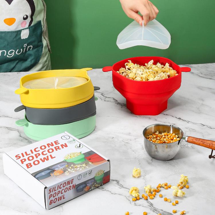 Collapsible silicone microwave popcorn popper bowl set with lids and spatulas