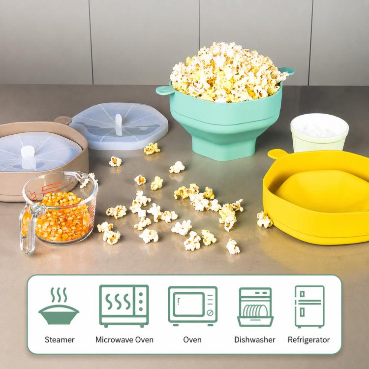 Collapsible silicone microwave popcorn popper bowl with lid and steam-ready design
