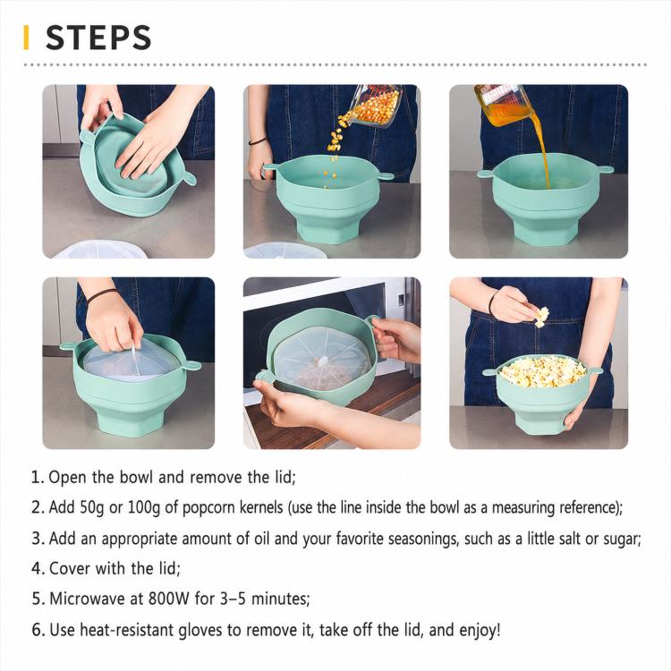 Collapsible silicone microwave popcorn popper bowl with lid, step-by-step use