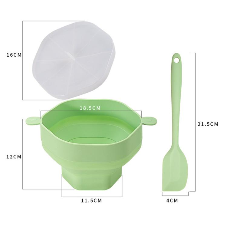 Collapsible silicone popcorn popper bowl and spatula with size measurements