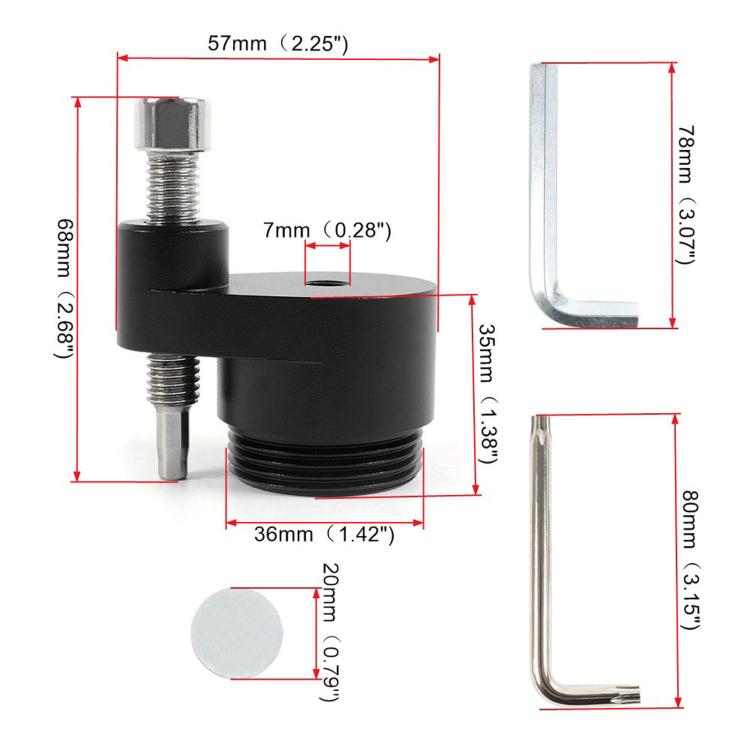 Black clutch belt removal tool with L-wrenches and size diagram