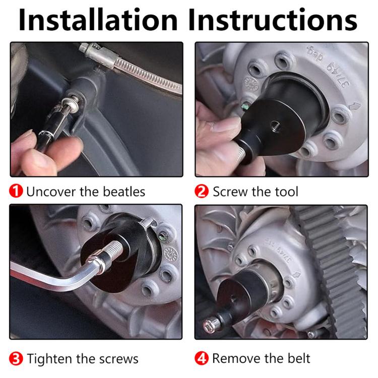 Clutch belt removal tool and hex key installed on engine clutch cover