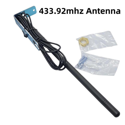 Black 433.92MHz antenna kit with bracket, coiled wire, and accessory bag