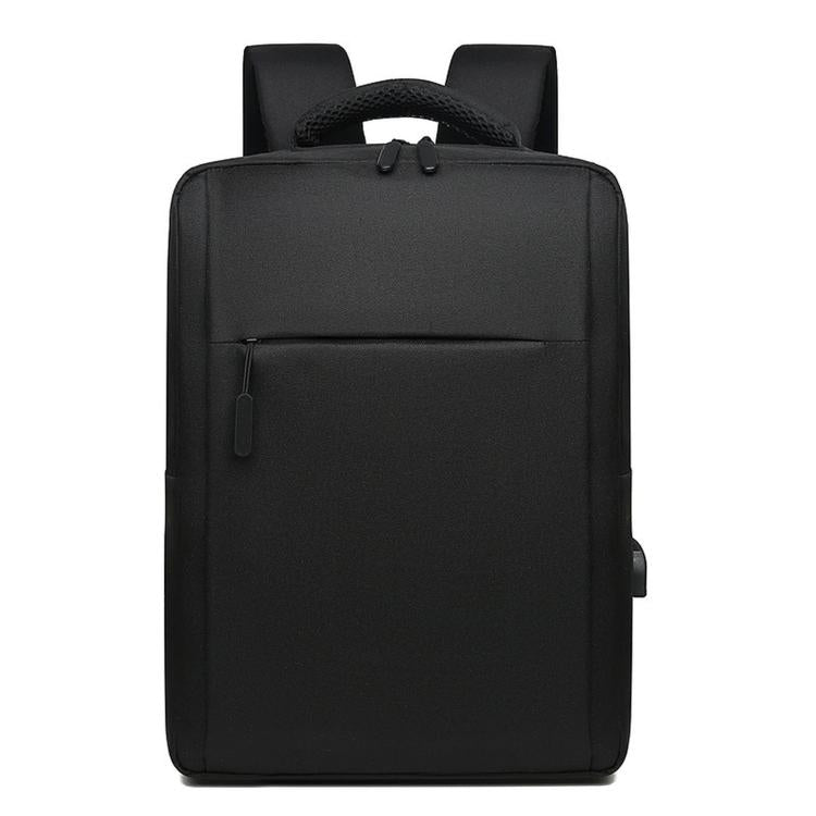 Black laptop backpack with top handle, front zipper pocket, and padded shoulder straps