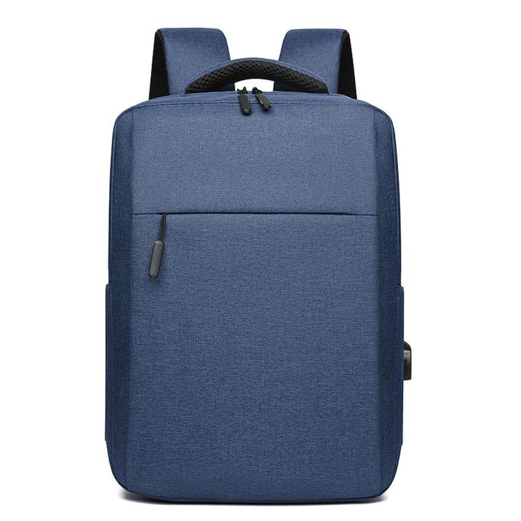 Blue laptop backpack with top handle, front zipper pocket, and padded shoulder straps