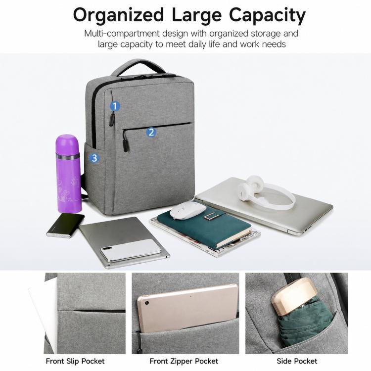 Gray laptop backpack with multiple compartments and side pockets for devices and documents