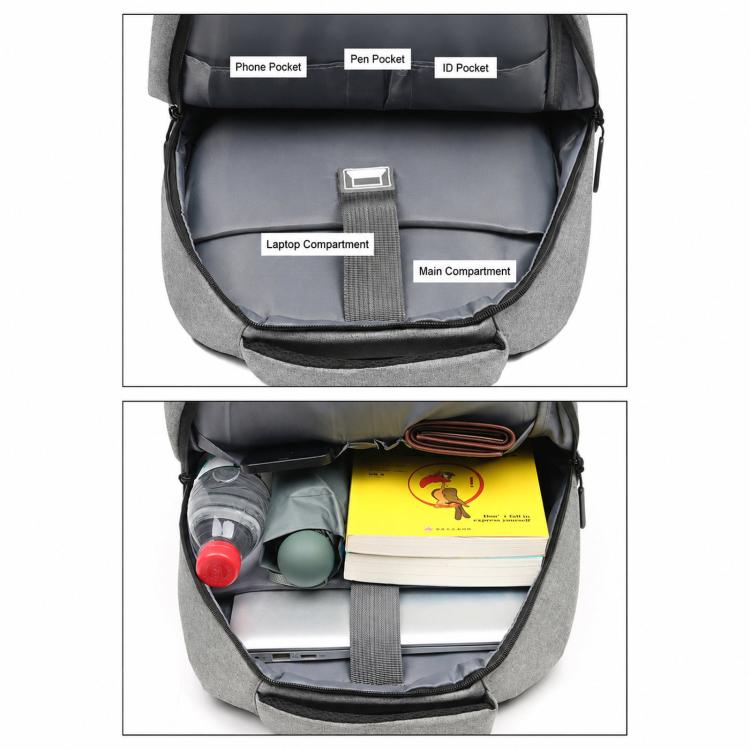 Gray laptop backpack interior with laptop compartment and organizer pockets
