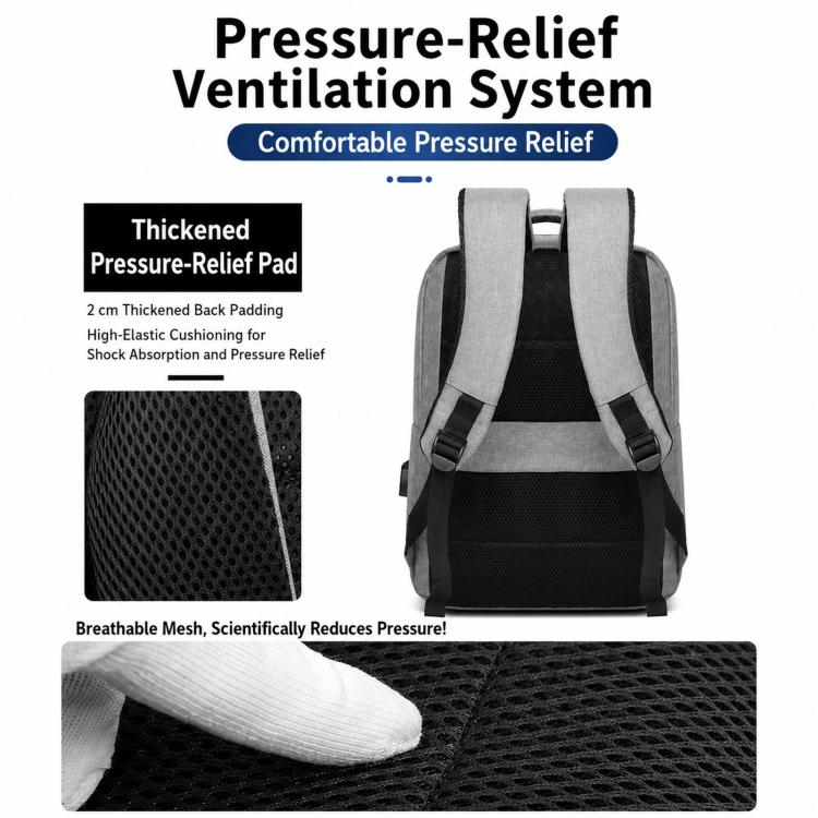 Back panel of gray laptop backpack with ventilated padding and adjustable shoulder straps