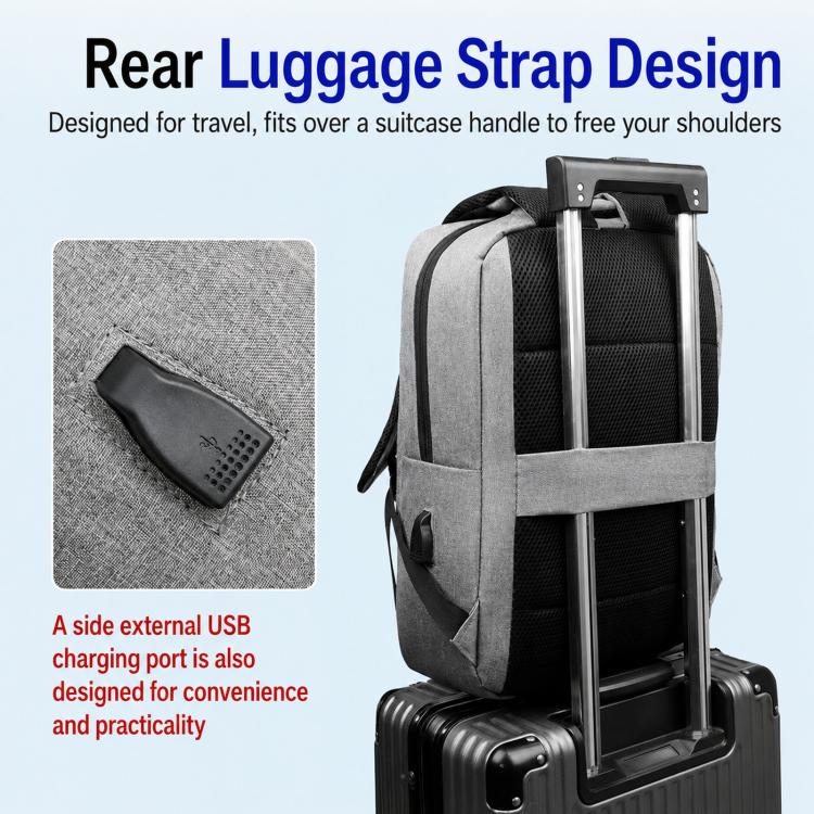 Gray backpack with rear luggage strap and side pocket, designed to slide over a suitcase handle