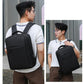 Black laptop backpack worn on back, with adjustable shoulder straps
