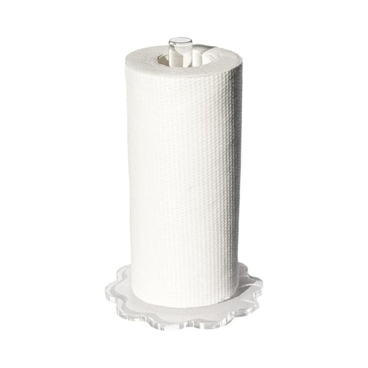Clear acrylic paper towel holder with white paper roll and round transparent base