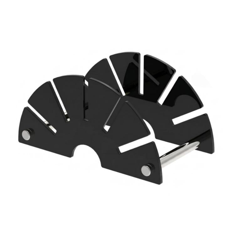 Black fan-shaped acrylic letter holder with multiple open slots and metal rod