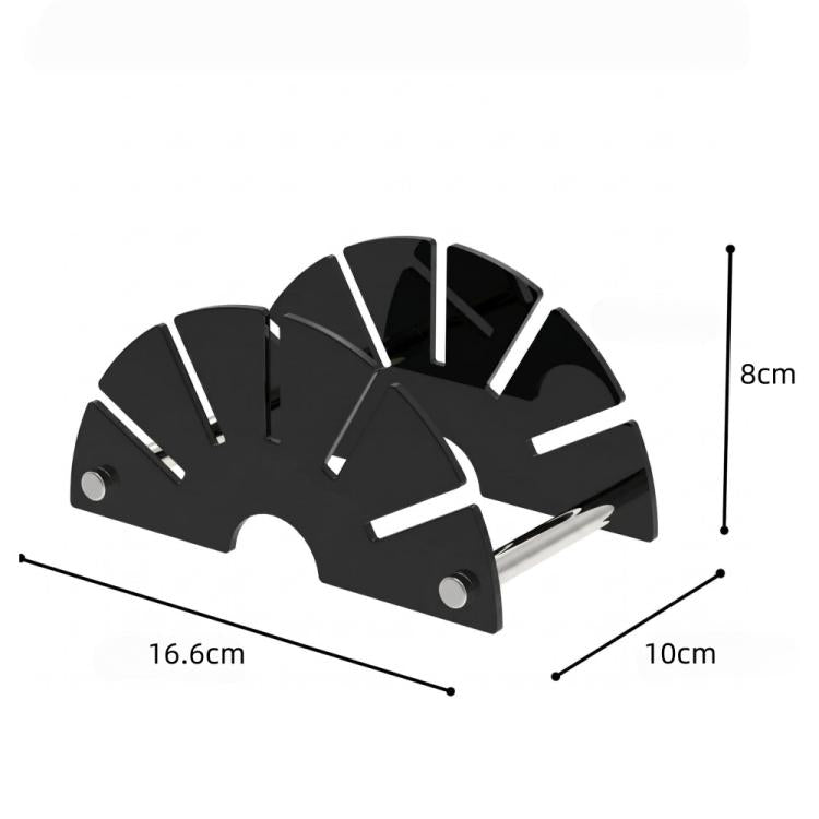 Black fan-shaped acrylic desk mail sorter with dimensions labeled