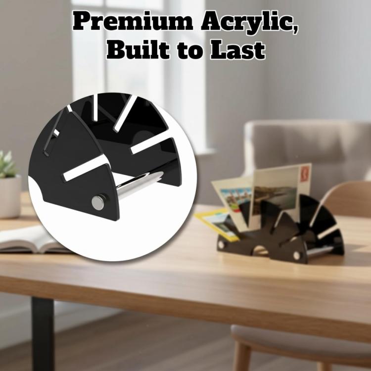 Black fan-shaped acrylic organizer with central divider and side entry slots