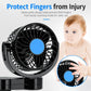 Front grille-covered rear-seat car cooling fan with blue center hub, black housing