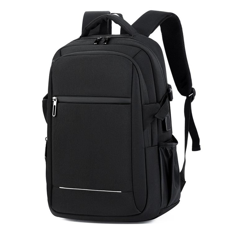 Black laptop backpack with front zip pocket and padded shoulder straps