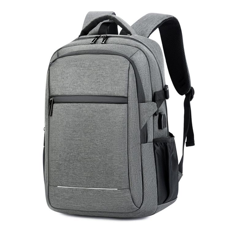 Gray laptop backpack with front zip pocket and padded shoulder straps