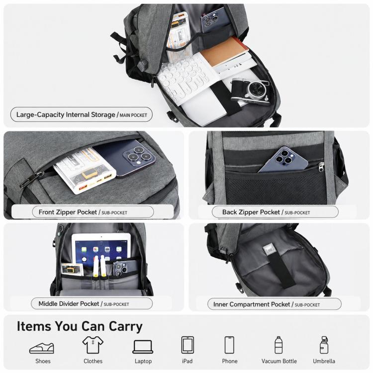 Gray laptop backpack interior with multiple zip pockets and dividers