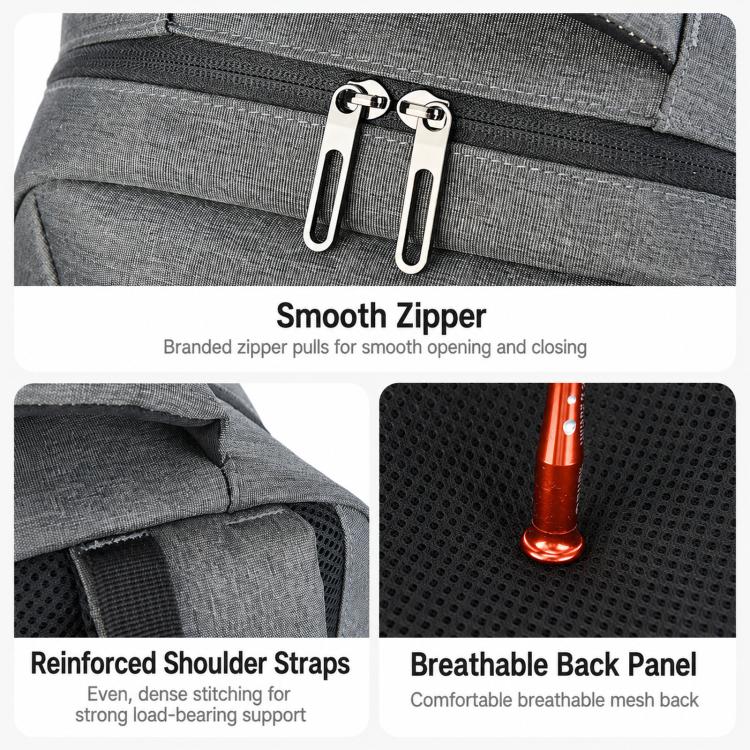 Gray backpack front with smooth zipper pulls and reinforced shoulder straps