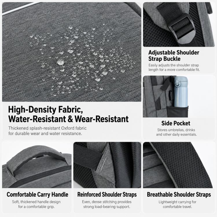Gray water-resistant laptop backpack with breathable back panel and side pockets