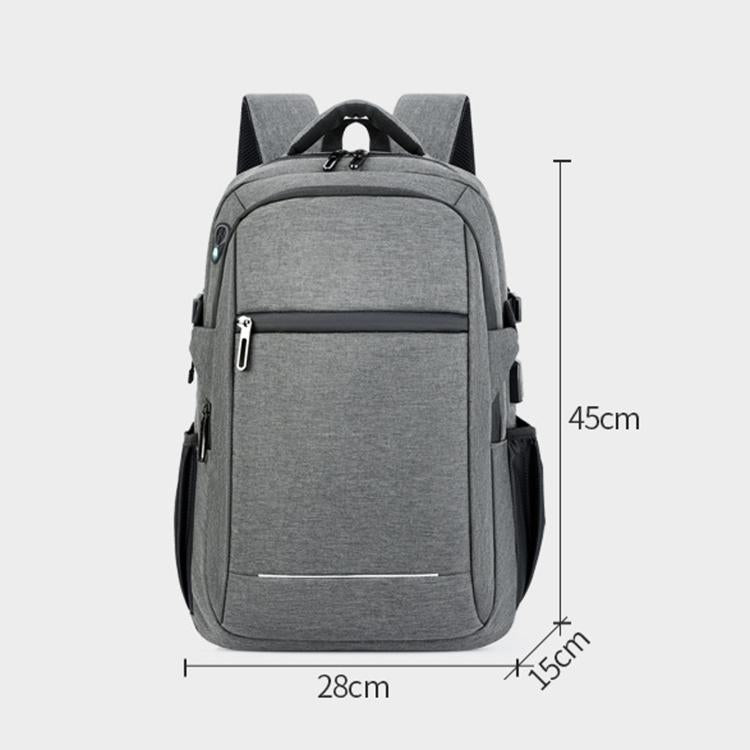 Gray laptop backpack front view with approximate size markings