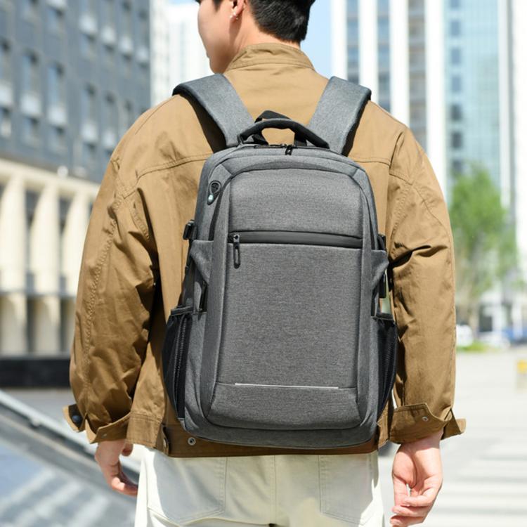 Gray 17-inch laptop backpack with front zip pockets, top handle, and padded straps