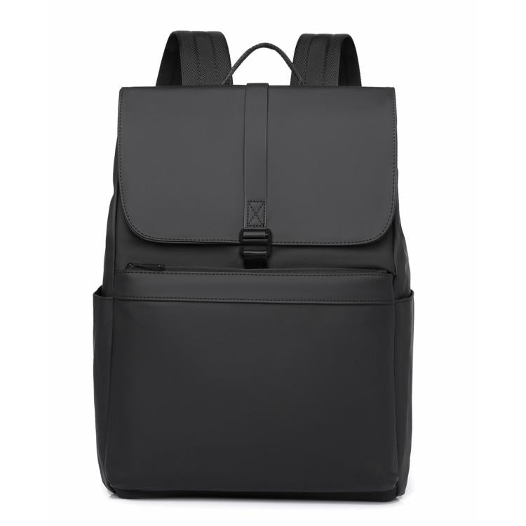Black water-resistant laptop backpack with top flap and front zipper pocket