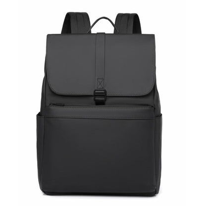 Black water-resistant laptop backpack with top flap and front zipper pocket