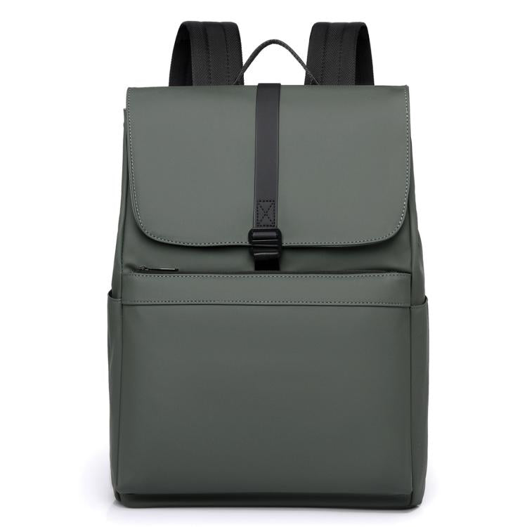 Green water-resistant laptop backpack with top flap and front zipper pocket