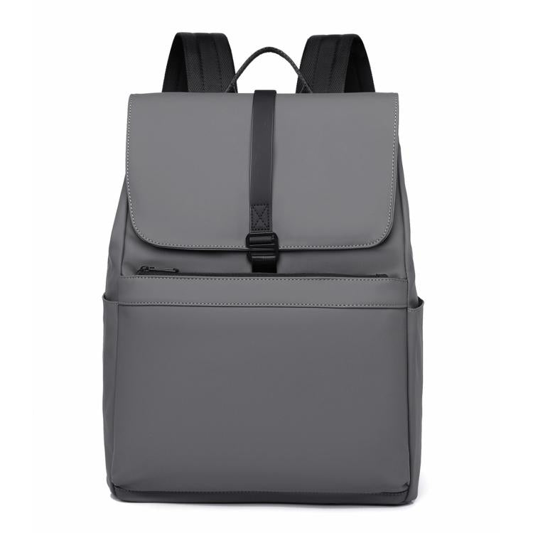 Gray water-resistant laptop backpack with top flap and front zipper pocket