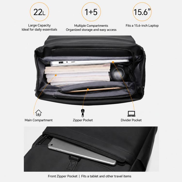 Black laptop backpack open view with main compartment, zipper pocket, and divider