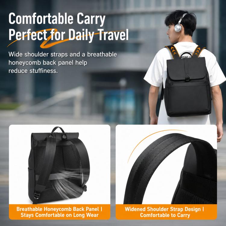 Black laptop backpack with wide shoulder straps and padded honeycomb-style back panel