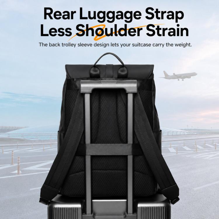 Black laptop backpack rear view with padded shoulder straps and trolley luggage sleeve