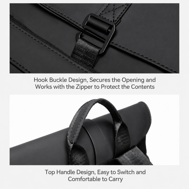 Black laptop backpack close-up of buckle closure and top handle