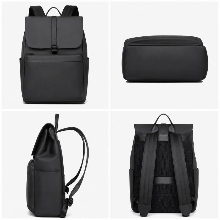 Water-resistant laptop backpack with top flap, front pocket, and padded shoulder straps