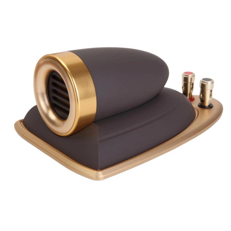 Car tweeter speaker horn with gold metal ring, dark housing and mounting base
