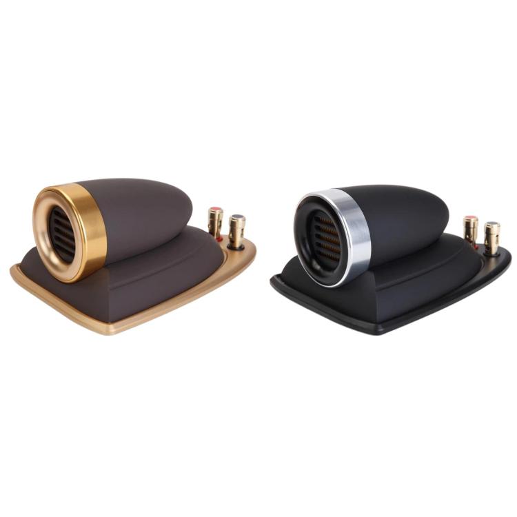 Pair of car tweeter speaker horns, gold and silver rings on dark bases