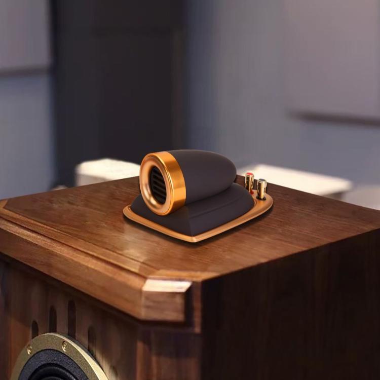 Car tweeter speaker horn with gold metal ring, dark housing on square base