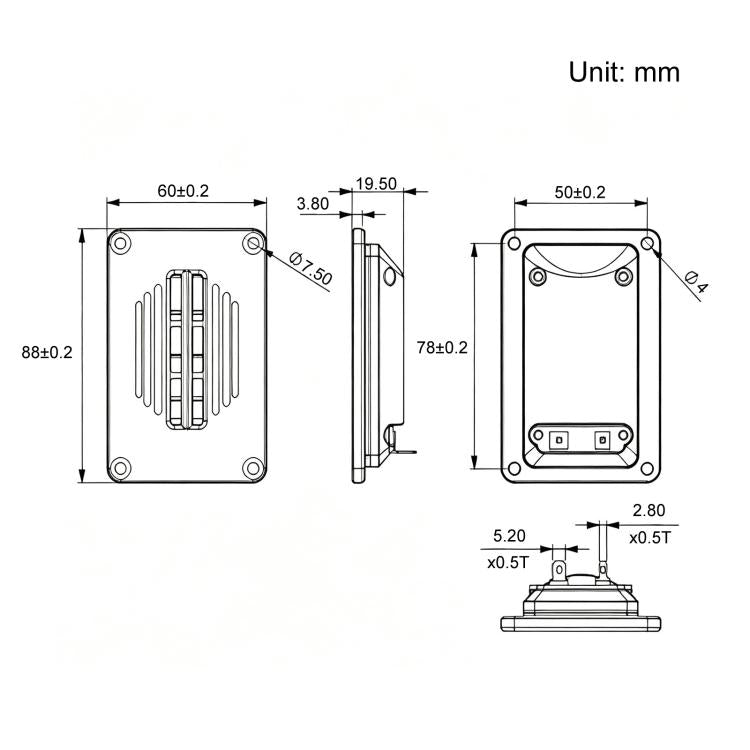 Ribbon tweeter speaker dimension diagram with mm measurements and mounting hole layout