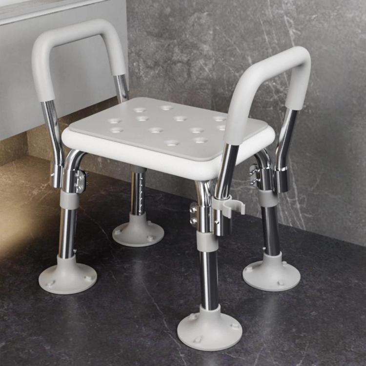 Anti-slip suction bath chair with white padded seat and arched armrests